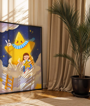 Enfant fantaisiste assis sur un nuage avec une étoile et un lapin dans le ciel nocturne