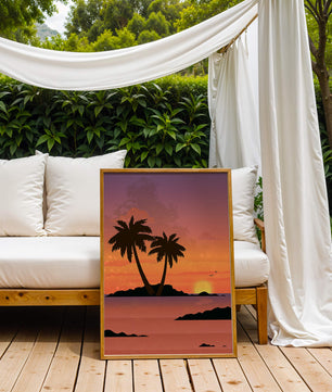 Sunset Over Tropical Island with Palm Trees and Birds - Mi tienda