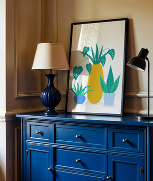 Illustration of colorful potted plants with a yellow vase