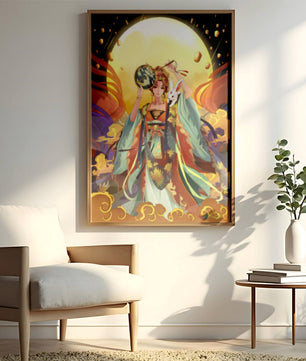 Elegant fantasy illustration with celestial elements and rabbit