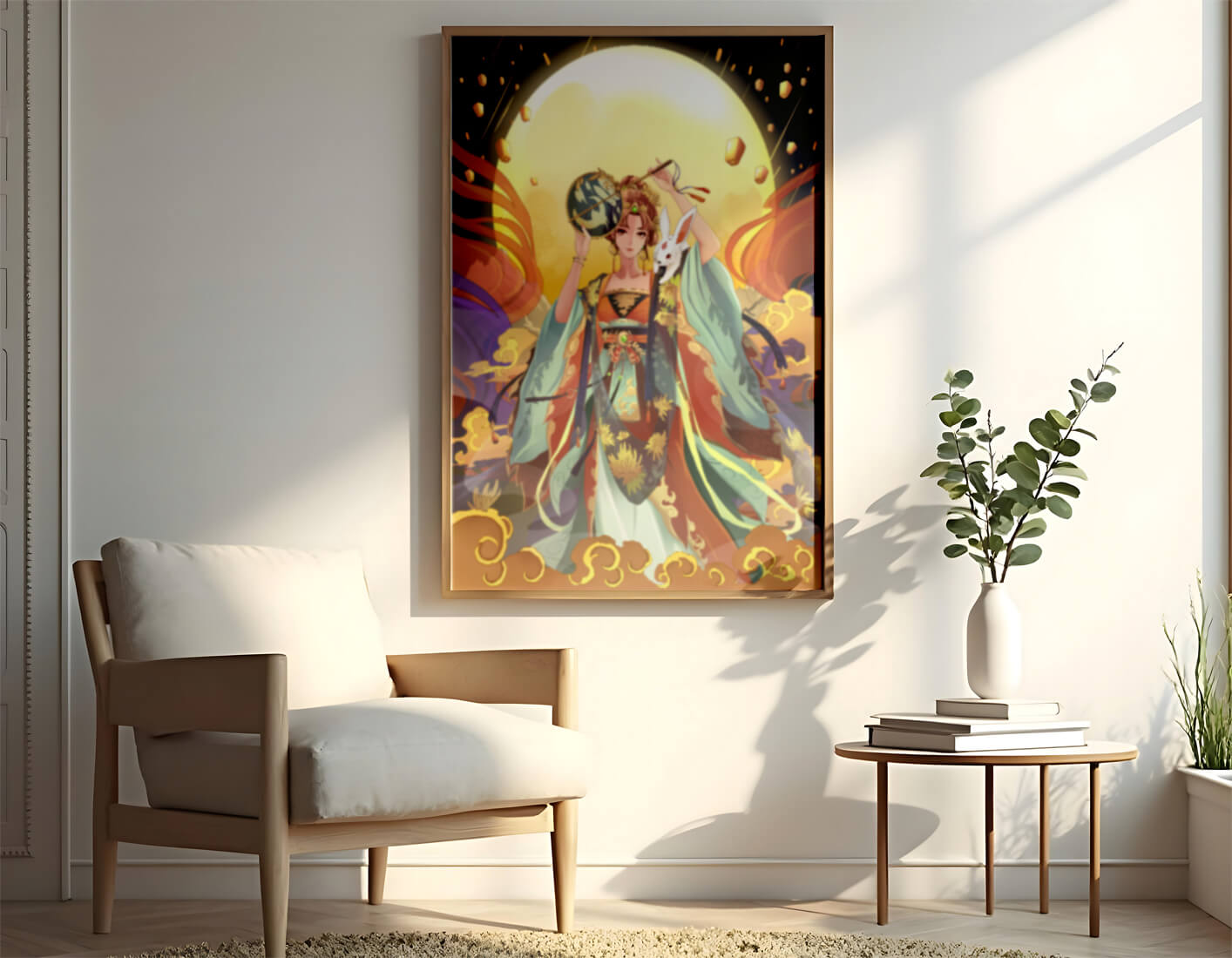Elegant fantasy illustration with celestial elements and rabbit