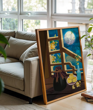 Noche iluminada por la luna con pasteles de luna y decoración floral sobre una mesa de madera
