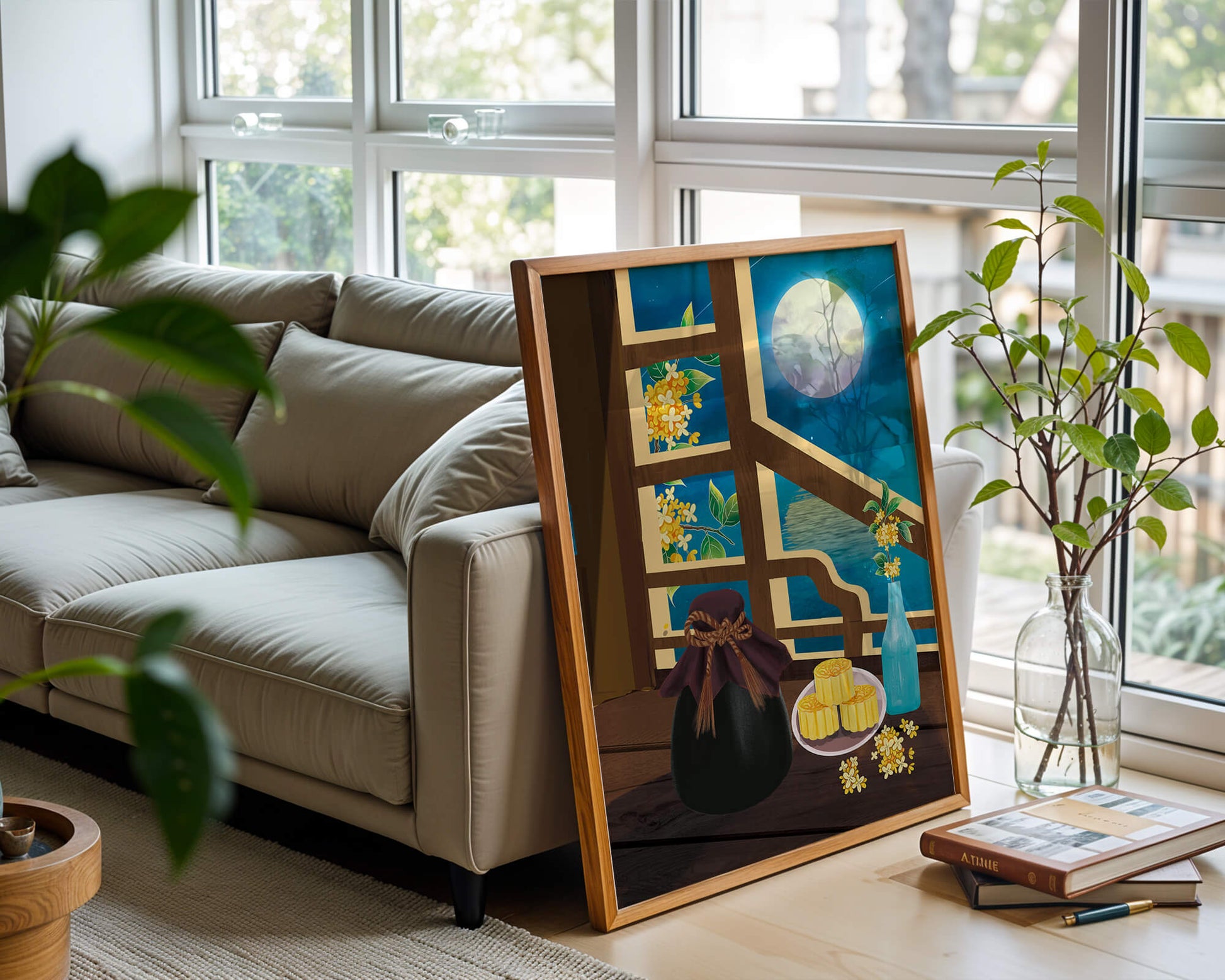 Noche iluminada por la luna con pasteles de luna y decoración floral sobre una mesa de madera