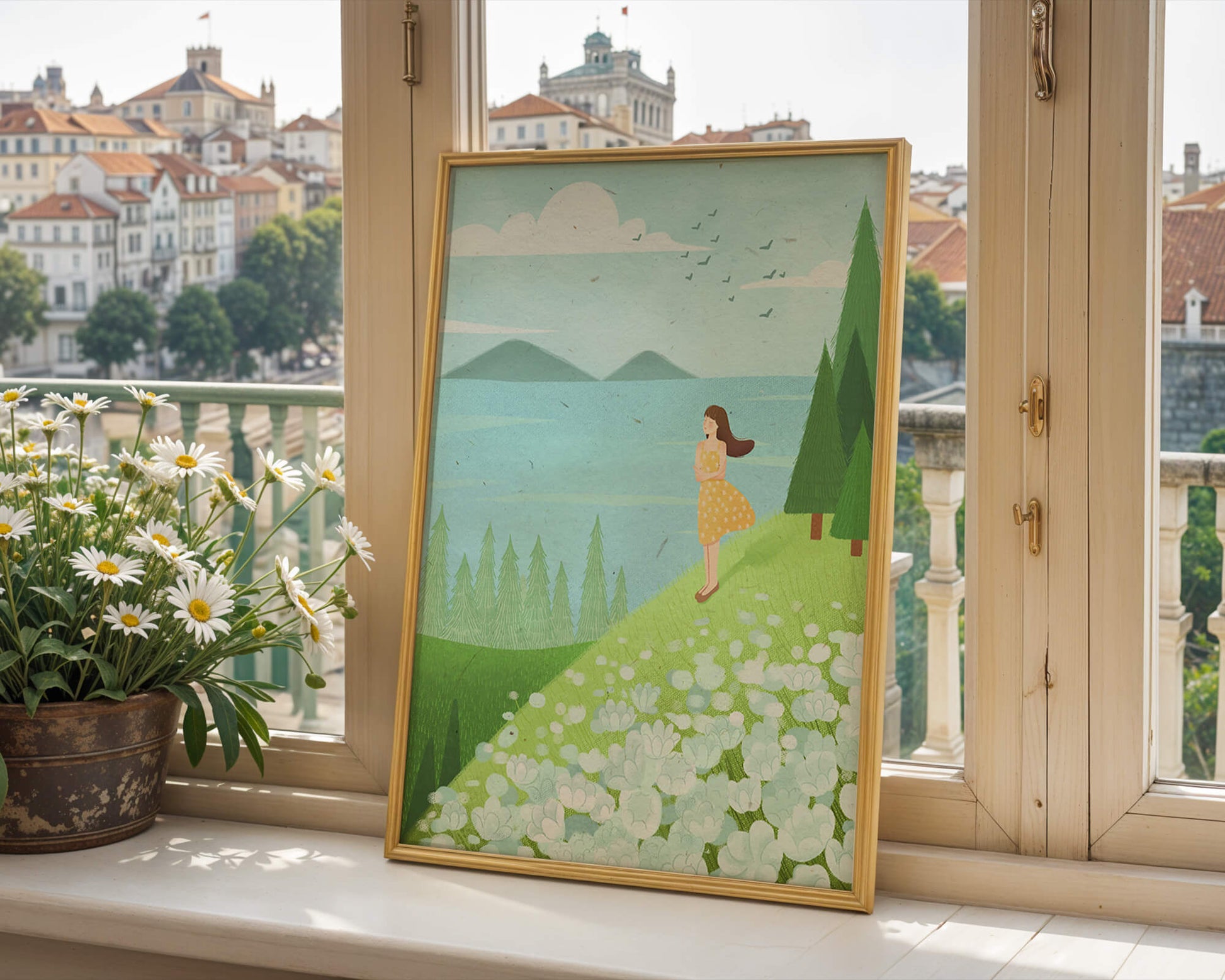 Mujer en vestido amarillo en la ladera con flores y árboles