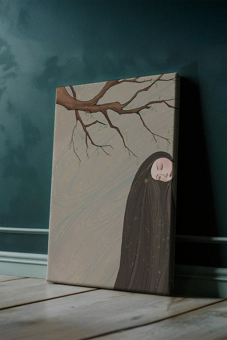 Serene illustration of a woman intertwined with nature and flowing designs