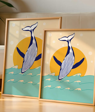 Ilustración de una ballena saltando sobre las olas con un fondo de sol