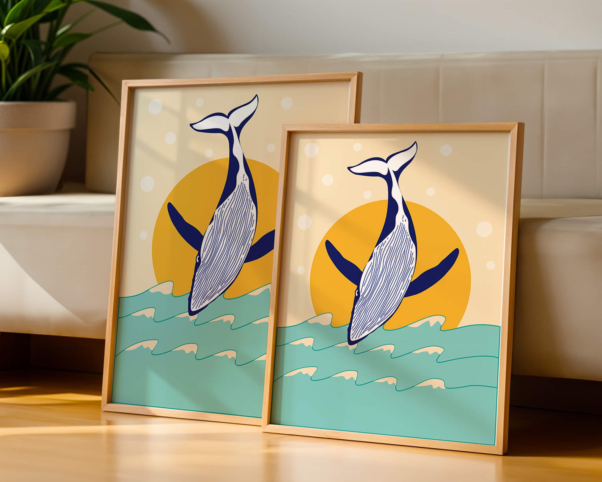 Illustration of a whale jumping over waves with sun backdrop