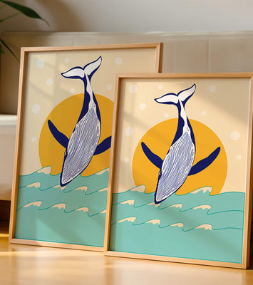 Illustration of a whale jumping over waves with sun backdrop