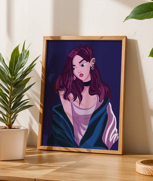 Illustration d'une fille élégante aux cheveux violets et à la veste bleue