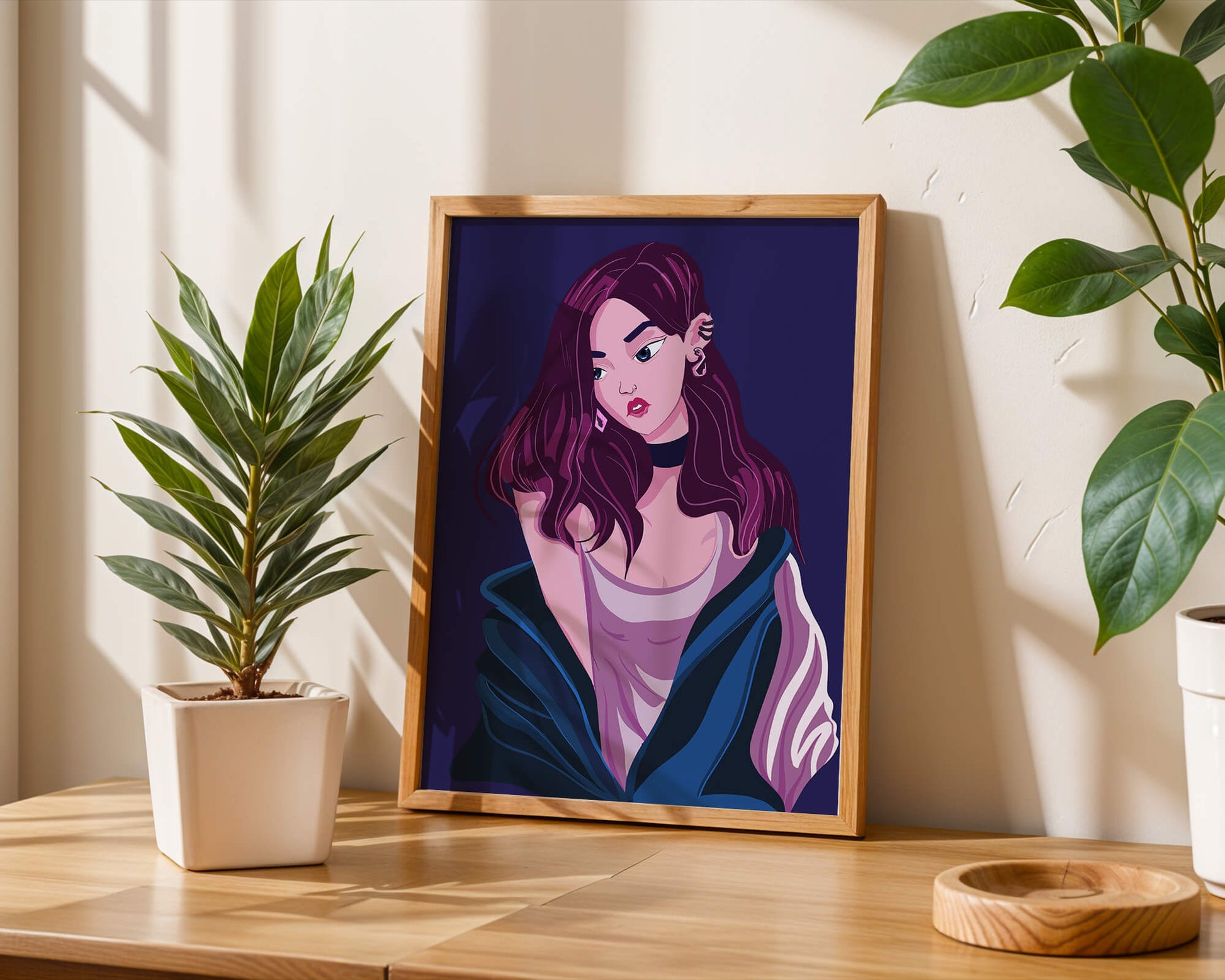 Stylish girl with purple hair and a blue jacket illustration