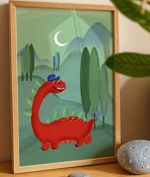 Whimsical red dinosaur in a serene nighttime forest