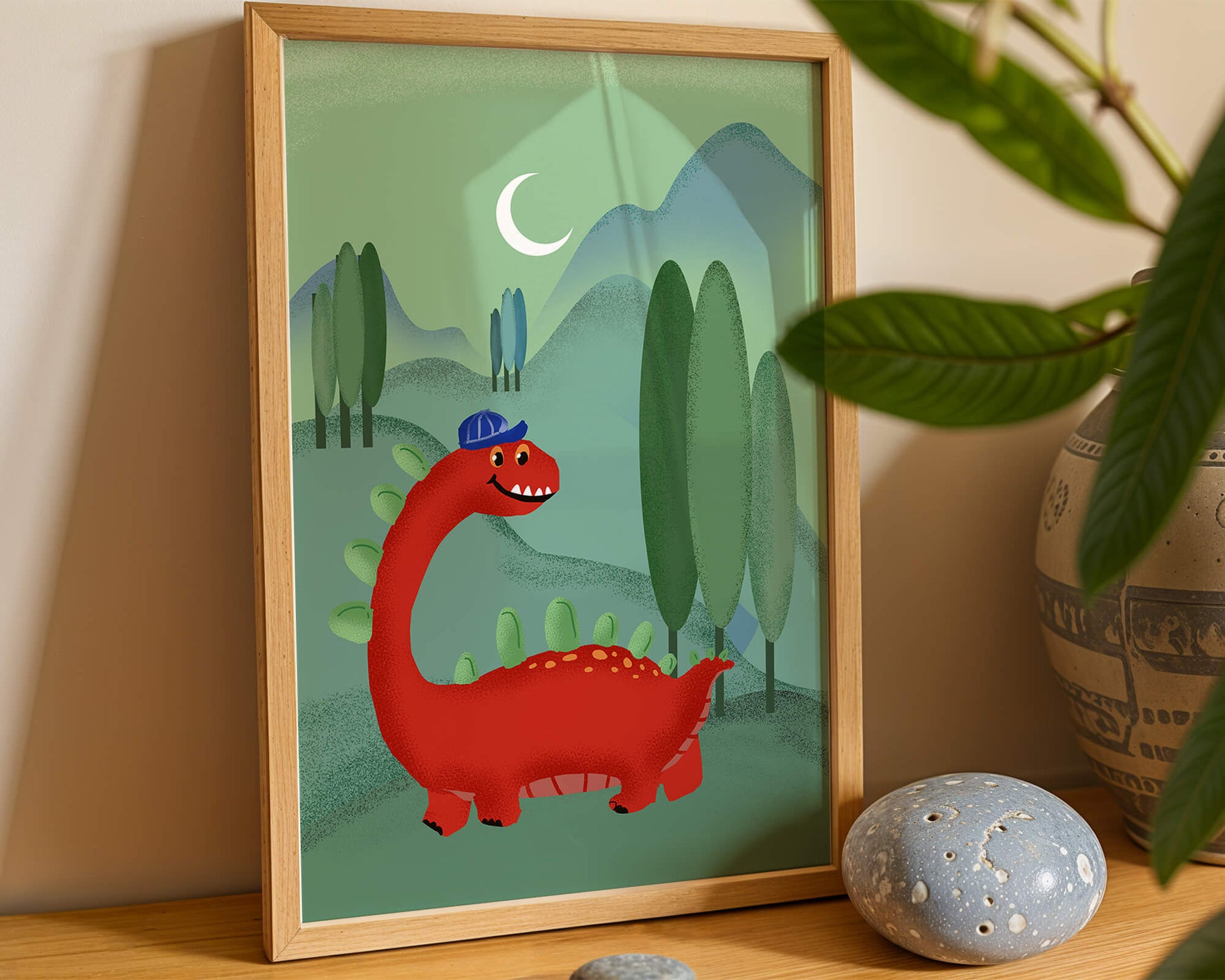 Whimsical red dinosaur in a serene nighttime forest