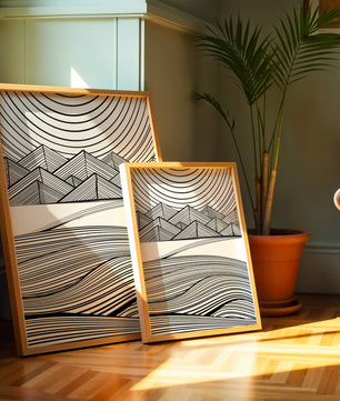 Abstract Black and White Geometric Landscape with Line Art