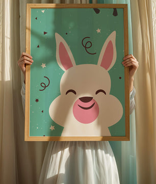 Adorable cartoon bunny on teal background with playful elements