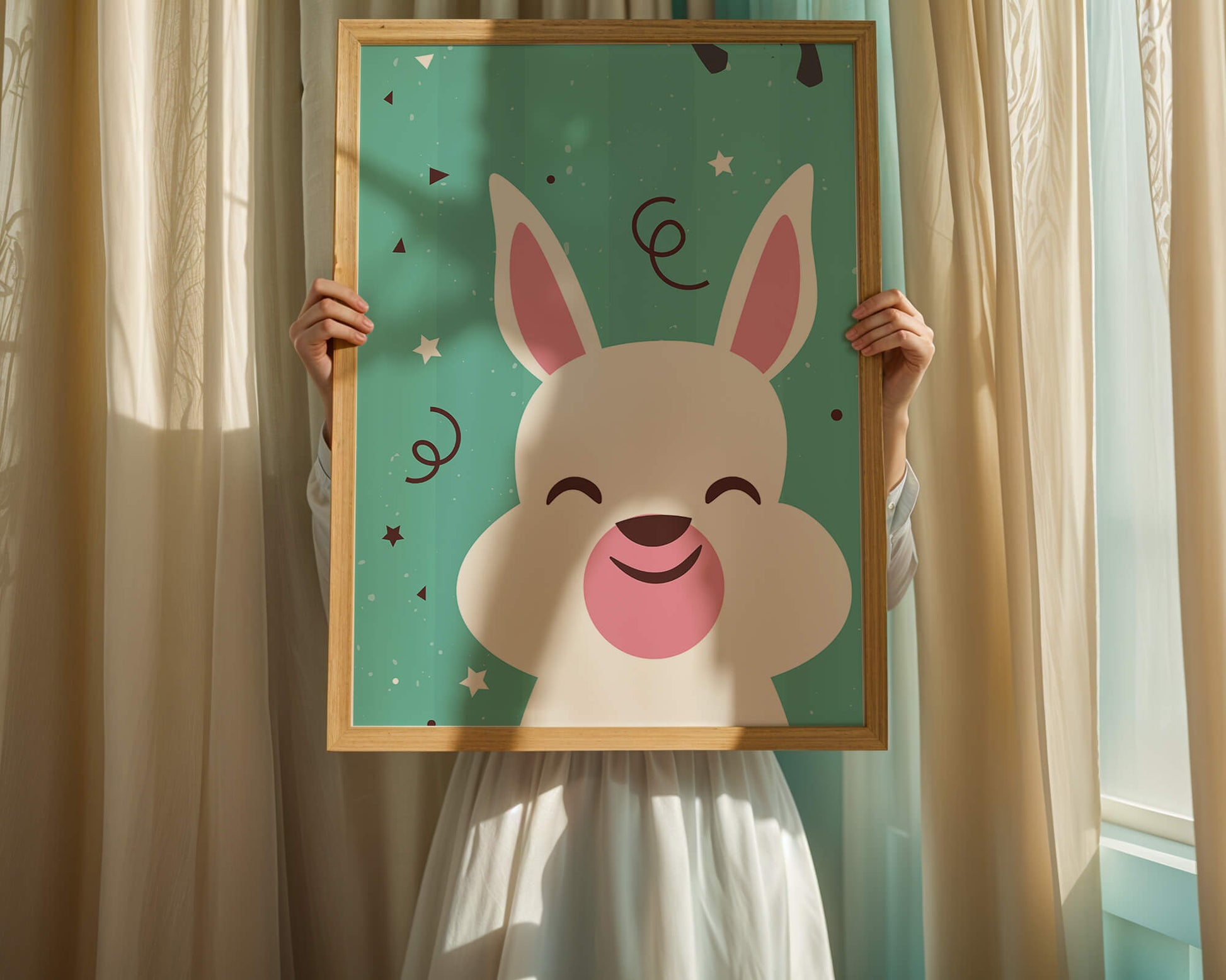 Adorable cartoon bunny on teal background with playful elements