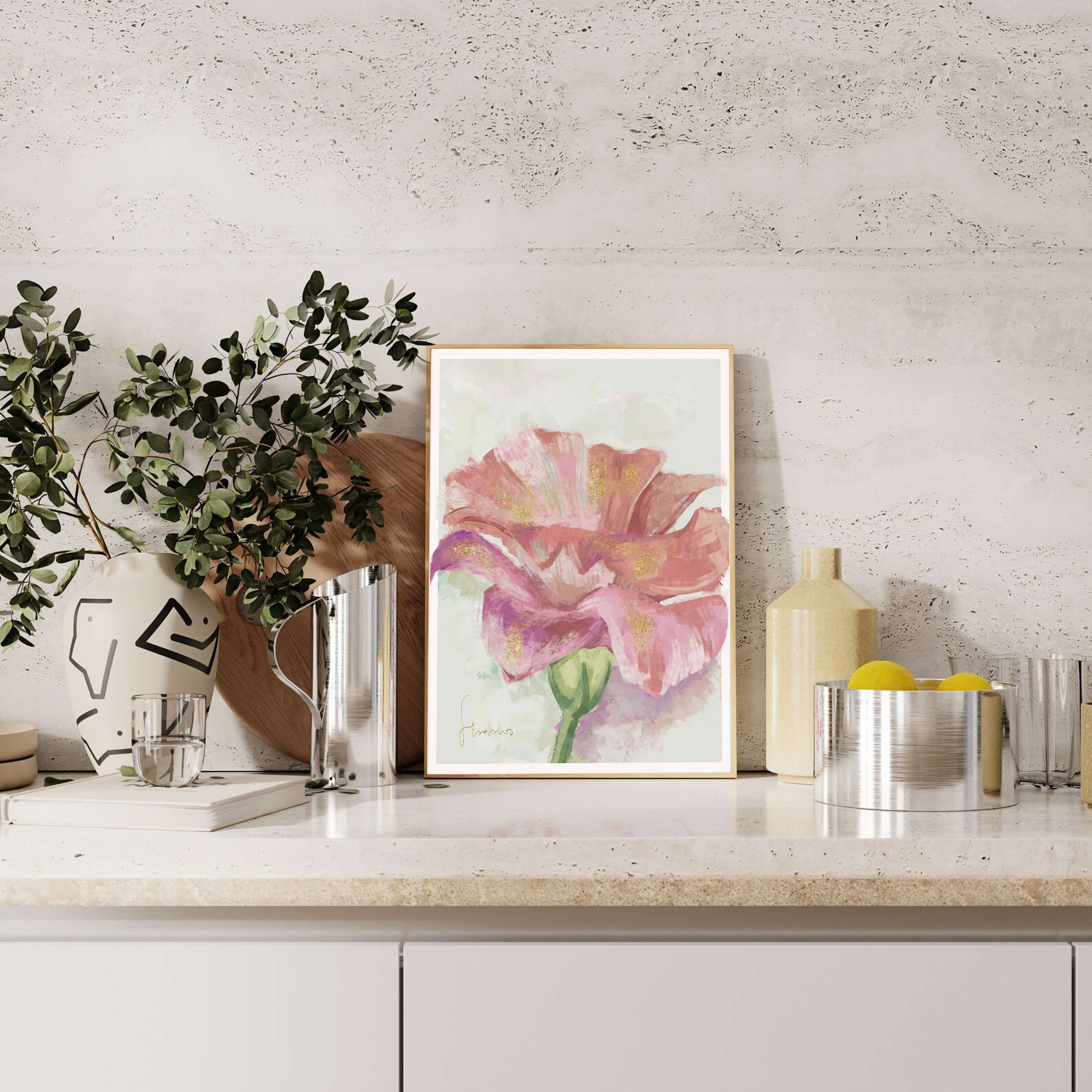 Vibrant pink flower with golden accents in abstract style