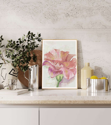 Vibrant pink flower with golden accents in abstract style