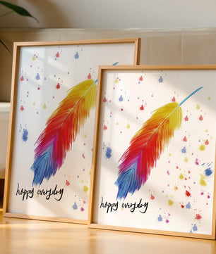 Colorful feather with inspirational message on abstract paint splatter background