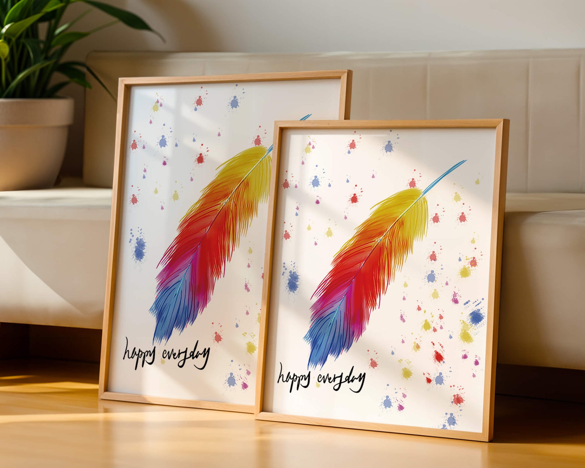 Colorful feather with inspirational message on abstract paint splatter background