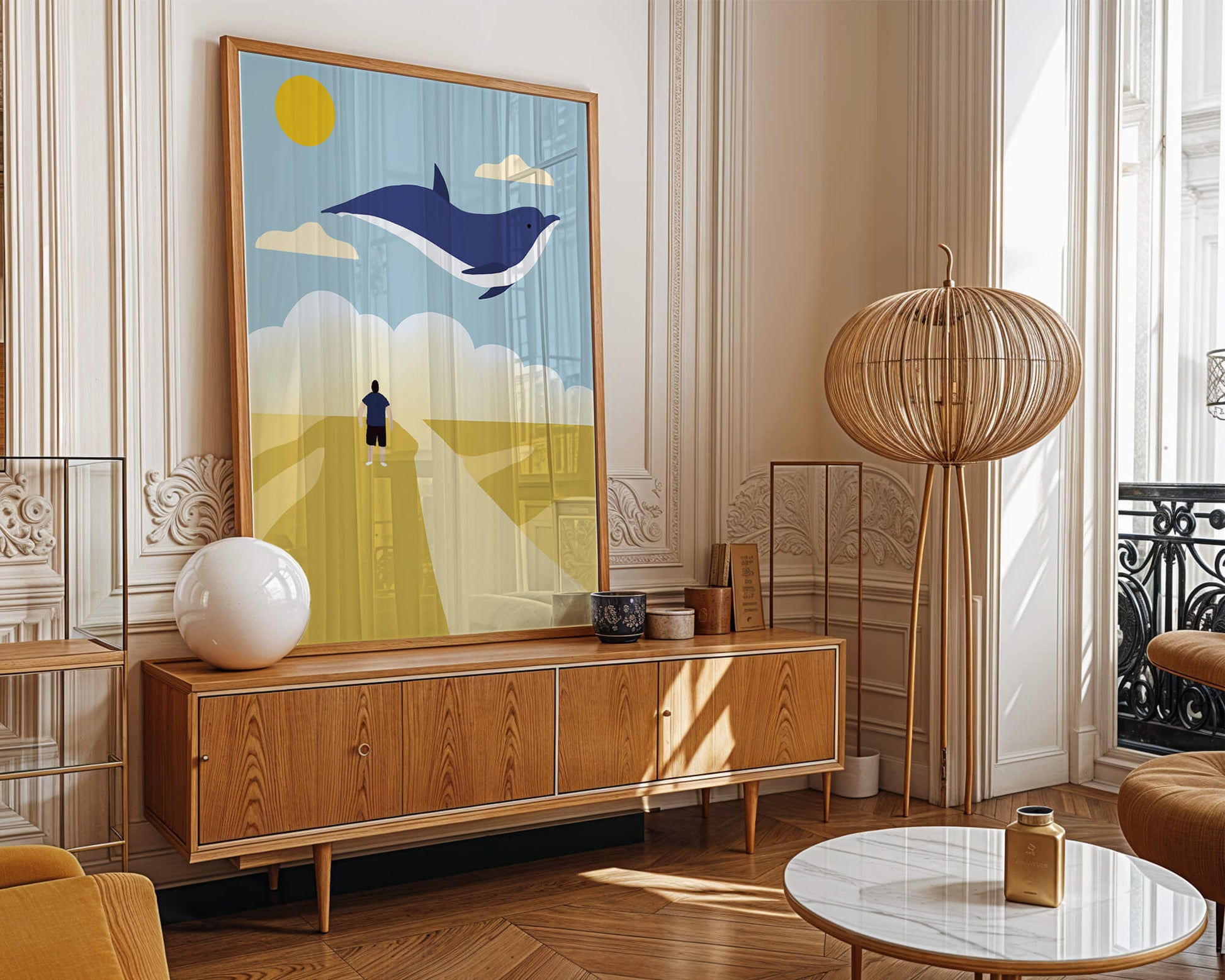 Paisaje surrealista con ballena azul voladora y humano en camino desértico