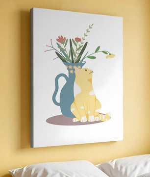 Ilustración de un gato sentado junto a un jarrón floral