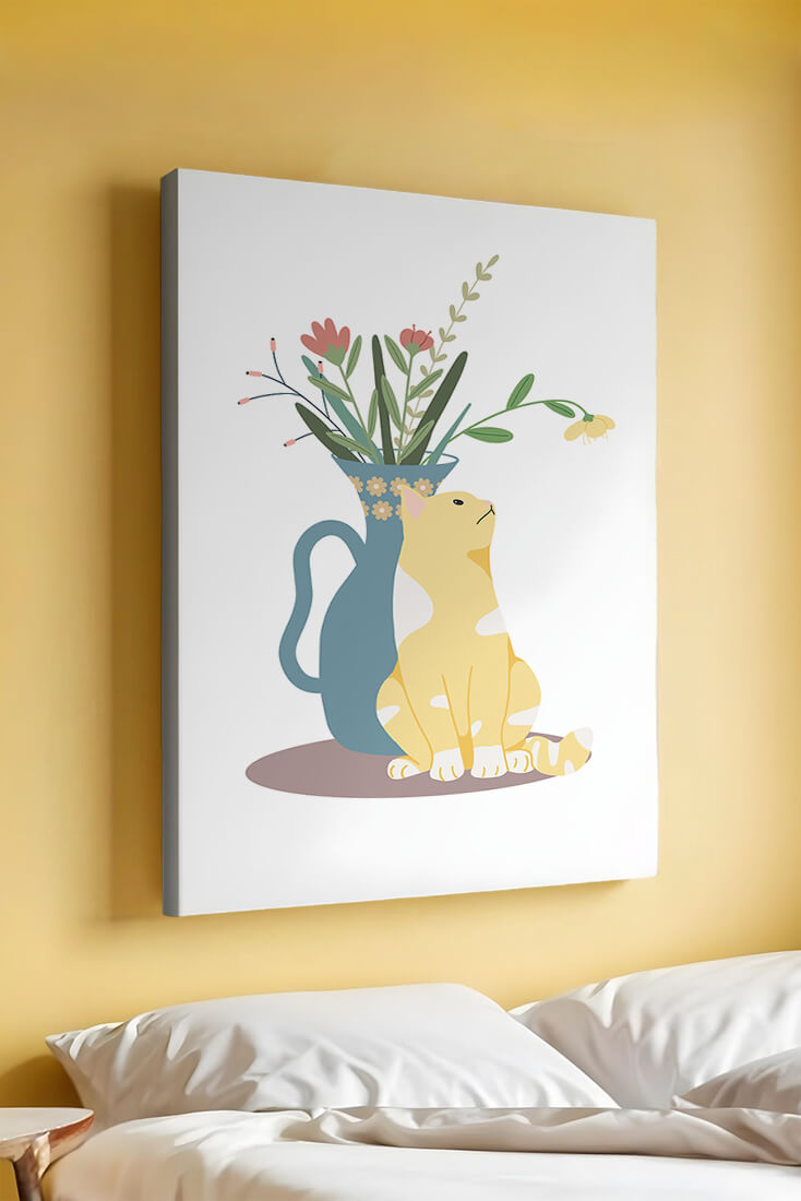 Illustration of a cat sitting beside a floral vase