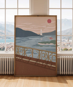 Coastal Landscape with Lighthouse and Artistic Fence at Sunset