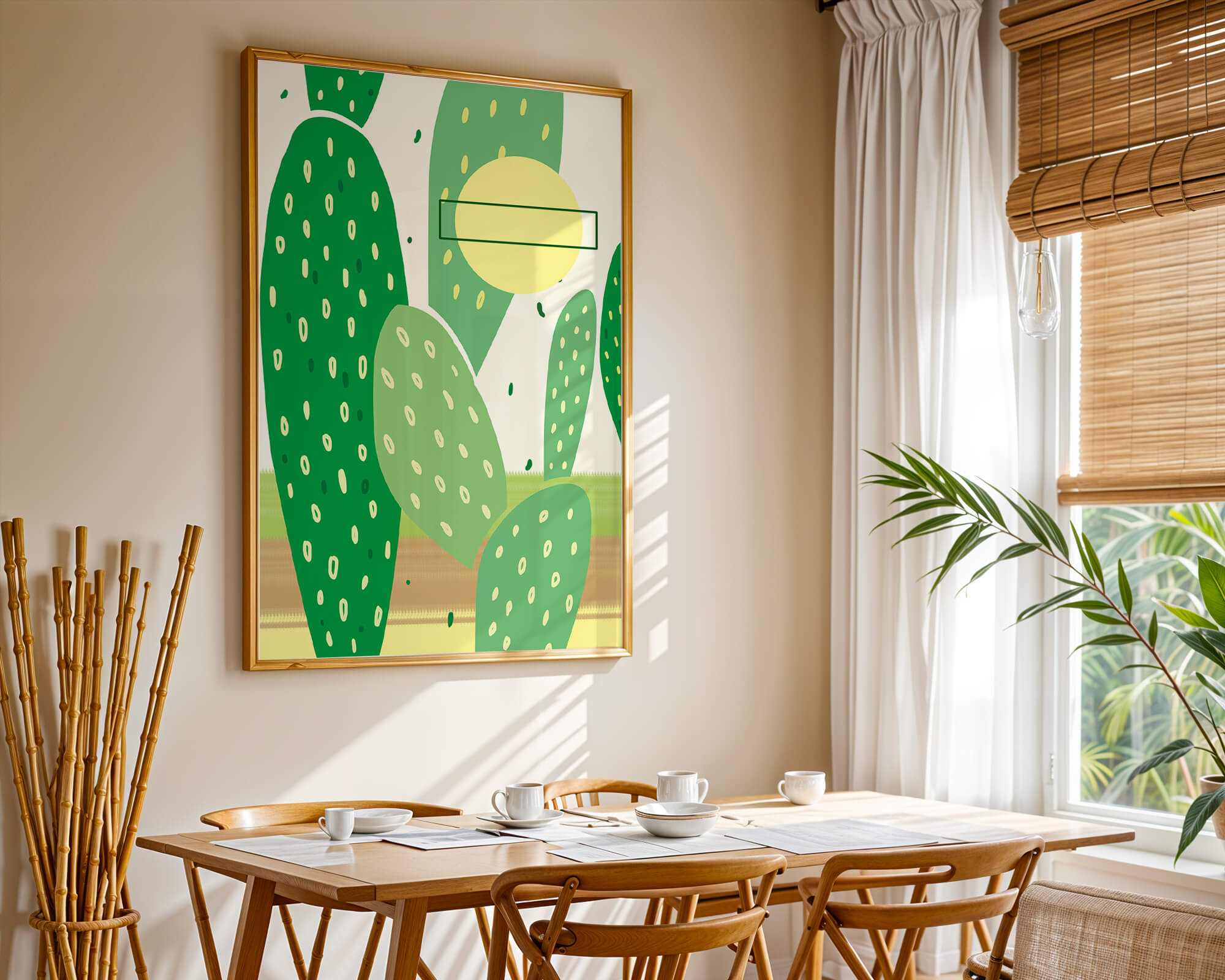 Abstract cactus art with green and yellow elements