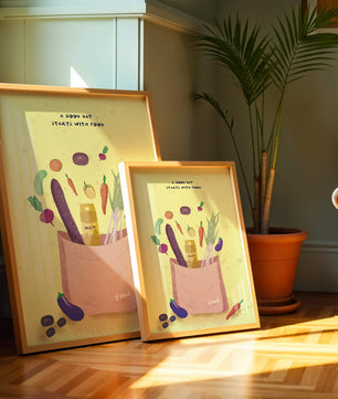 Ilustración de vegetales frescos y leche en una bolsa de comestibles