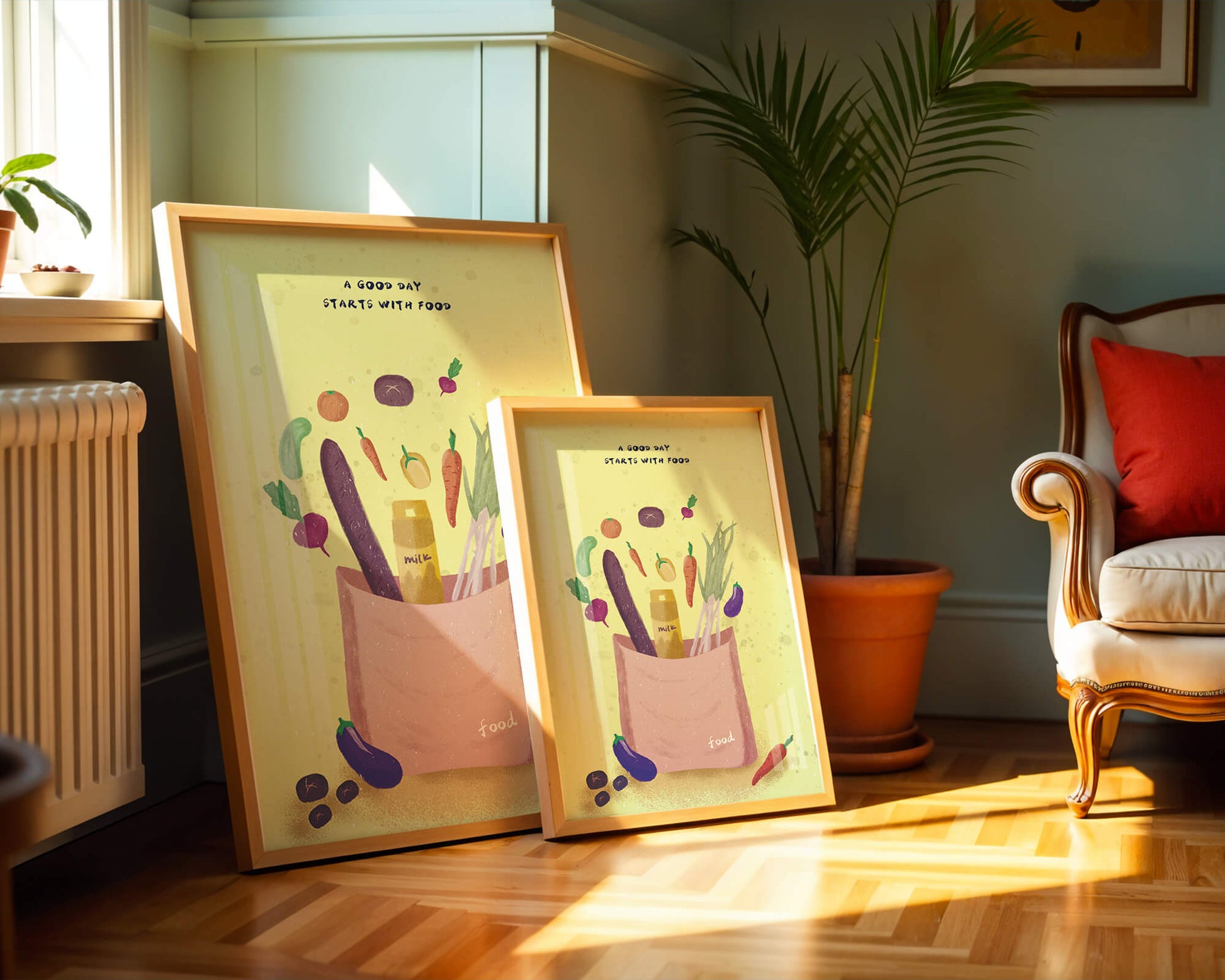 Ilustración de vegetales frescos y leche en una bolsa de comestibles