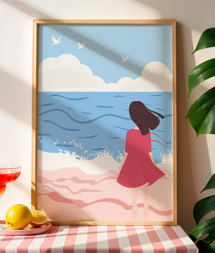 Serene seaside illustration with a girl in a pink dress gazing at the ocean