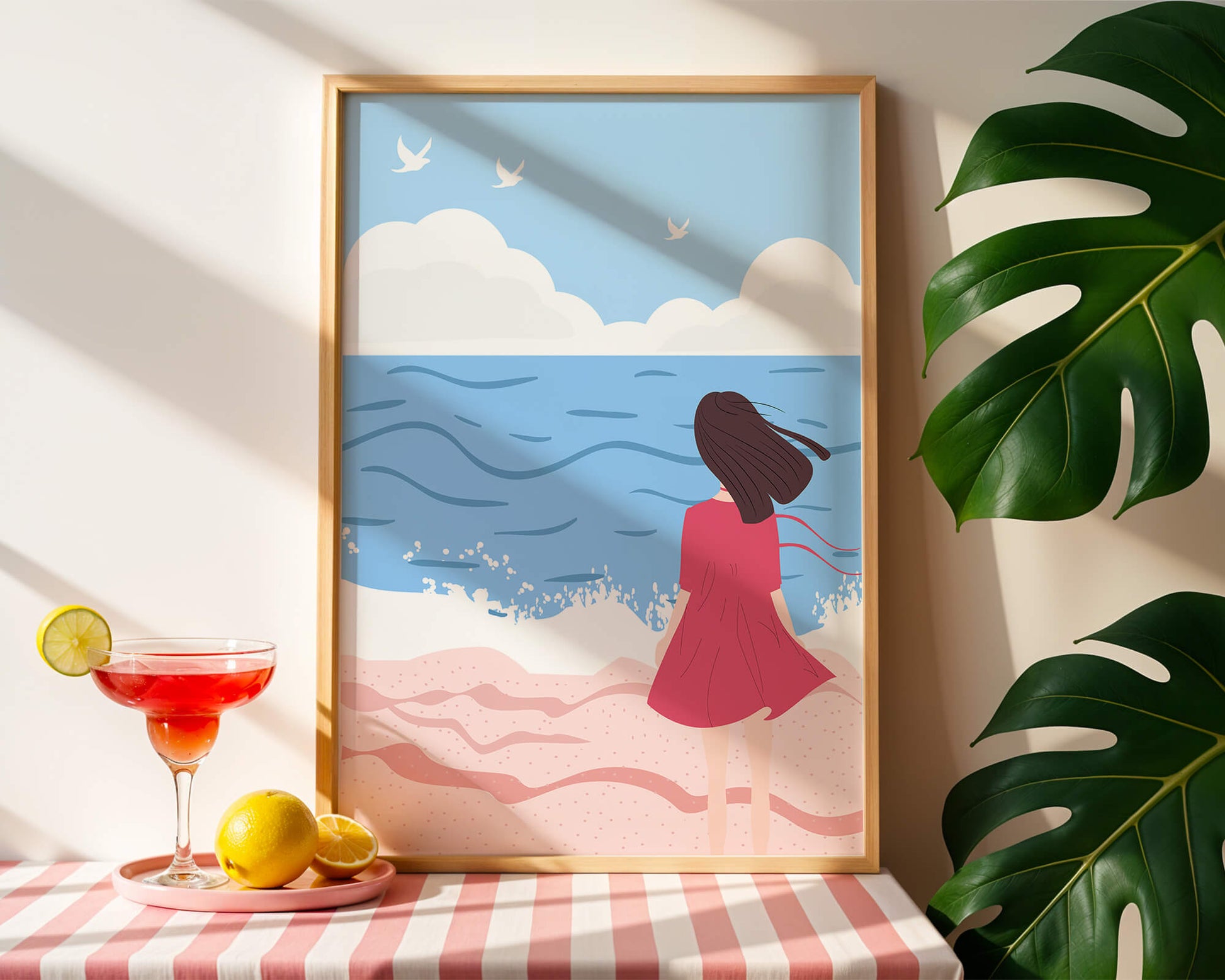 Serene seaside illustration with a girl in a pink dress gazing at the ocean
