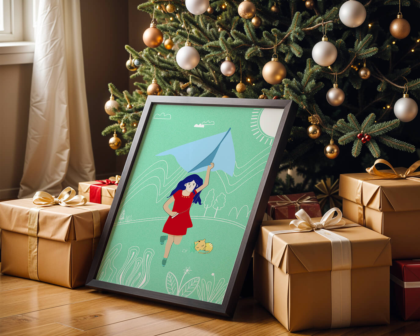 Illustration of a girl with a kite in a whimsical landscape