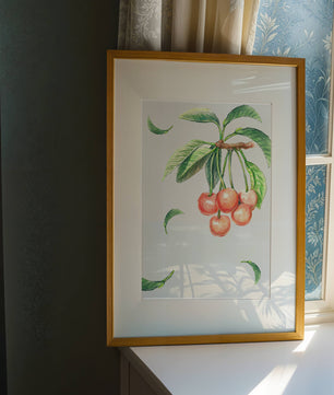 Ilustración realista de rama de cerezo con hojas verdes