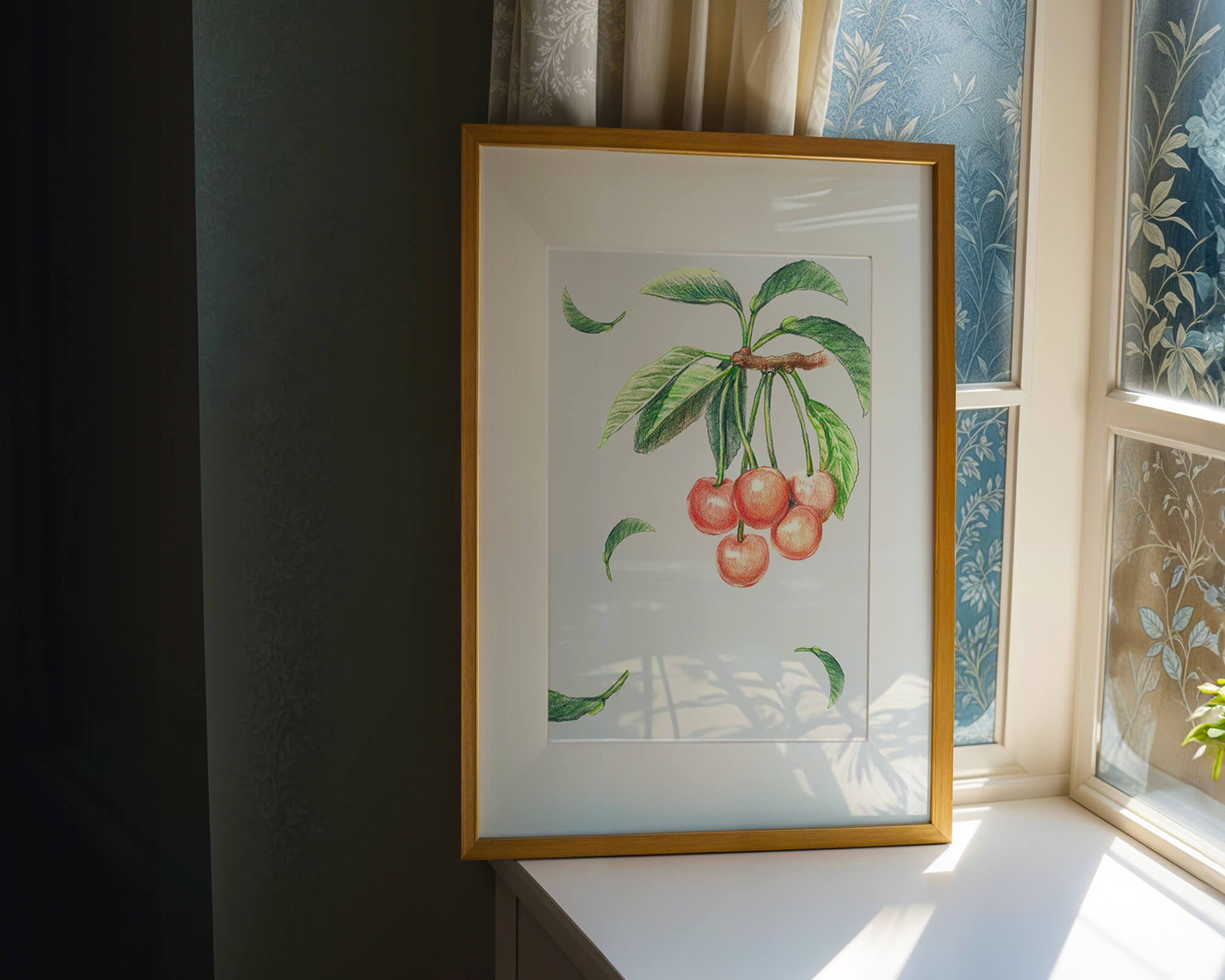Realistic Illustration of Cherry Branch with Green Leaves
