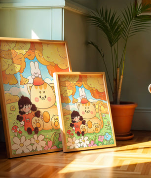 Ilustración caprichosa de una niña, un gato y un conejo en un paisaje otoñal