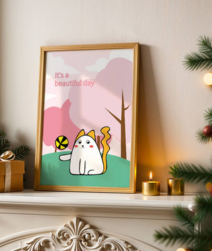 Illustration charmante de chat dans une scène de parc ludique avec des arbres et des nuages.