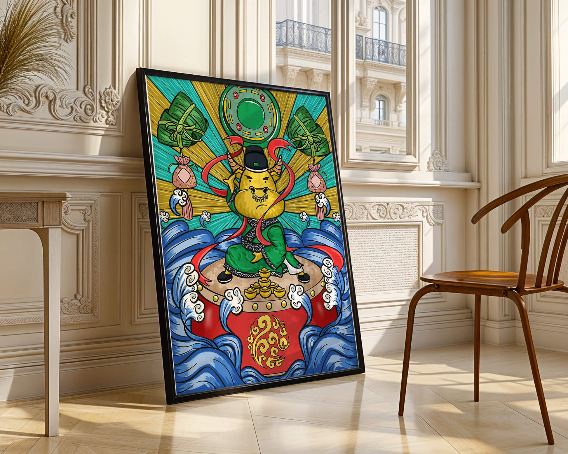 Colorful illustration of a mythical creature with traditional elements and vibrant colors