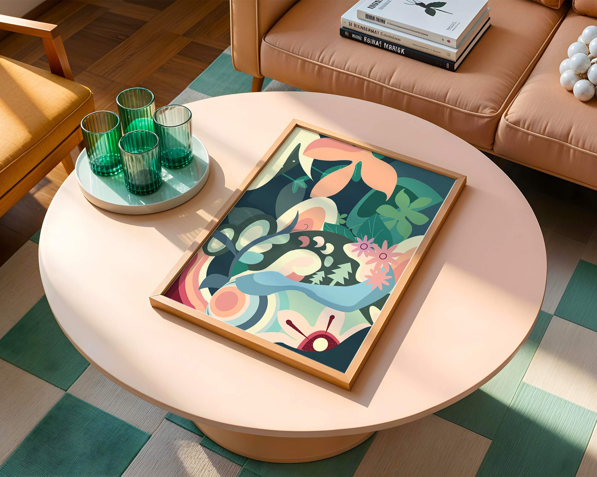 Abstract botanical artwork with vibrant colors and natural elements