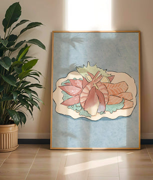 Illustration of seafood platter with shrimp and salmon on a decorative plate