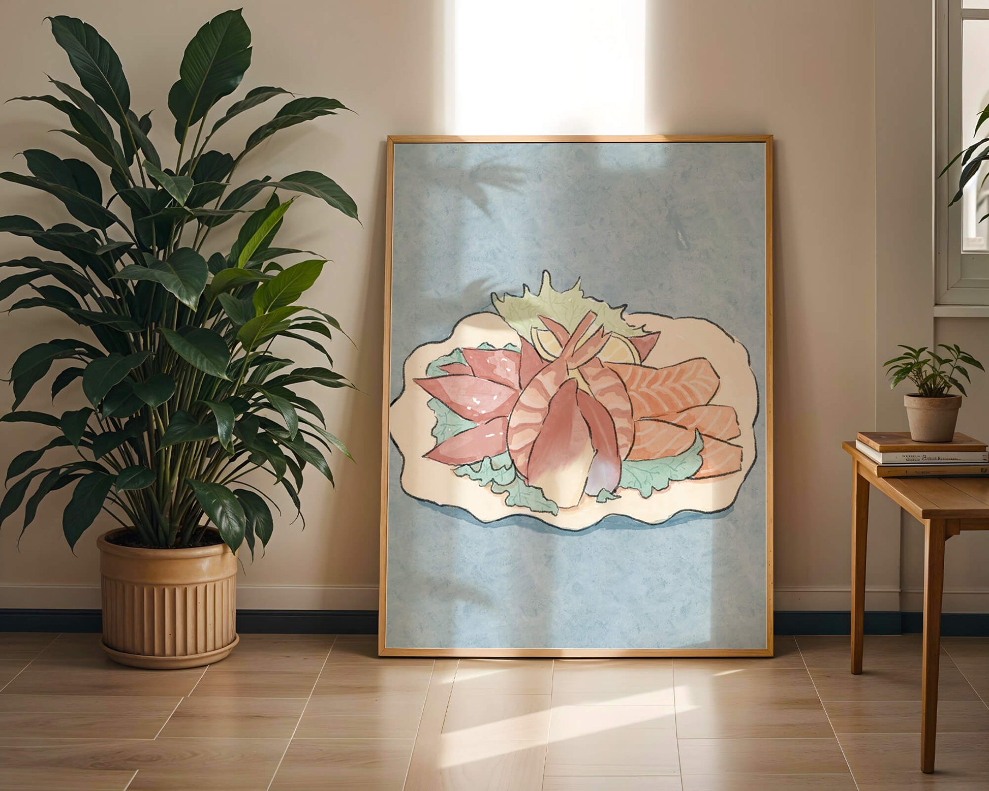 Illustration of seafood platter with shrimp and salmon on a decorative plate