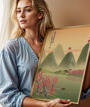 Serene landscape illustration with mountains and cherry blossoms