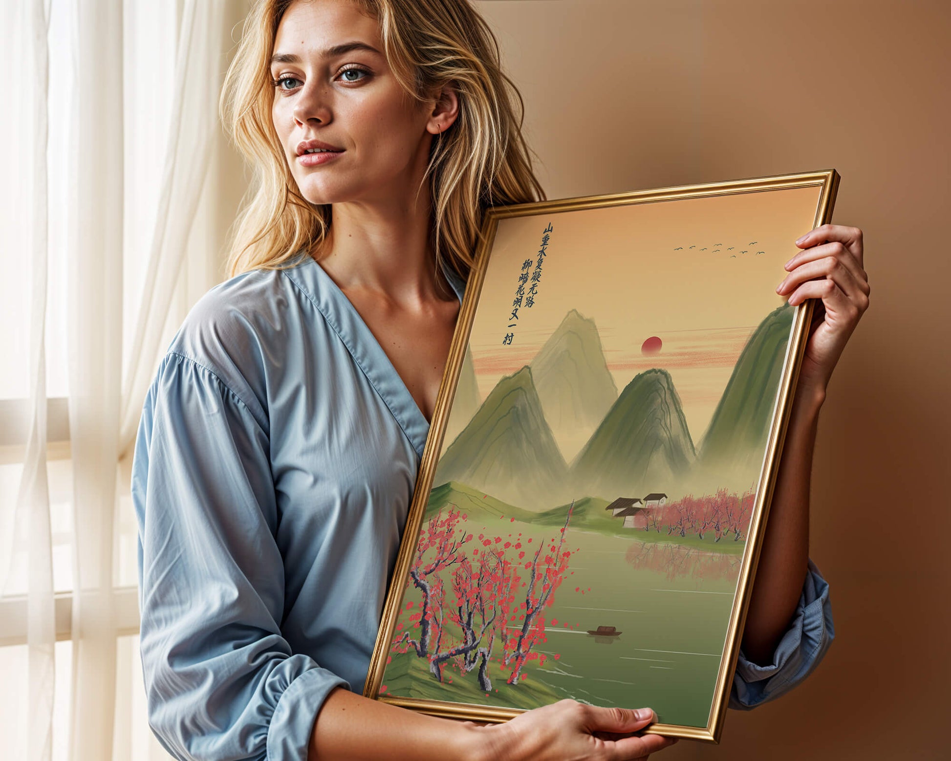 Serene landscape illustration with mountains and cherry blossoms