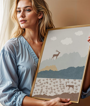 Majestic Deer and Mountain Landscape in Minimalist Style - Mi tienda