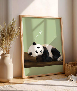 Peaceful panda resting on a log in a serene setting