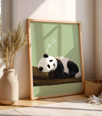 Peaceful panda resting on a log in a serene setting