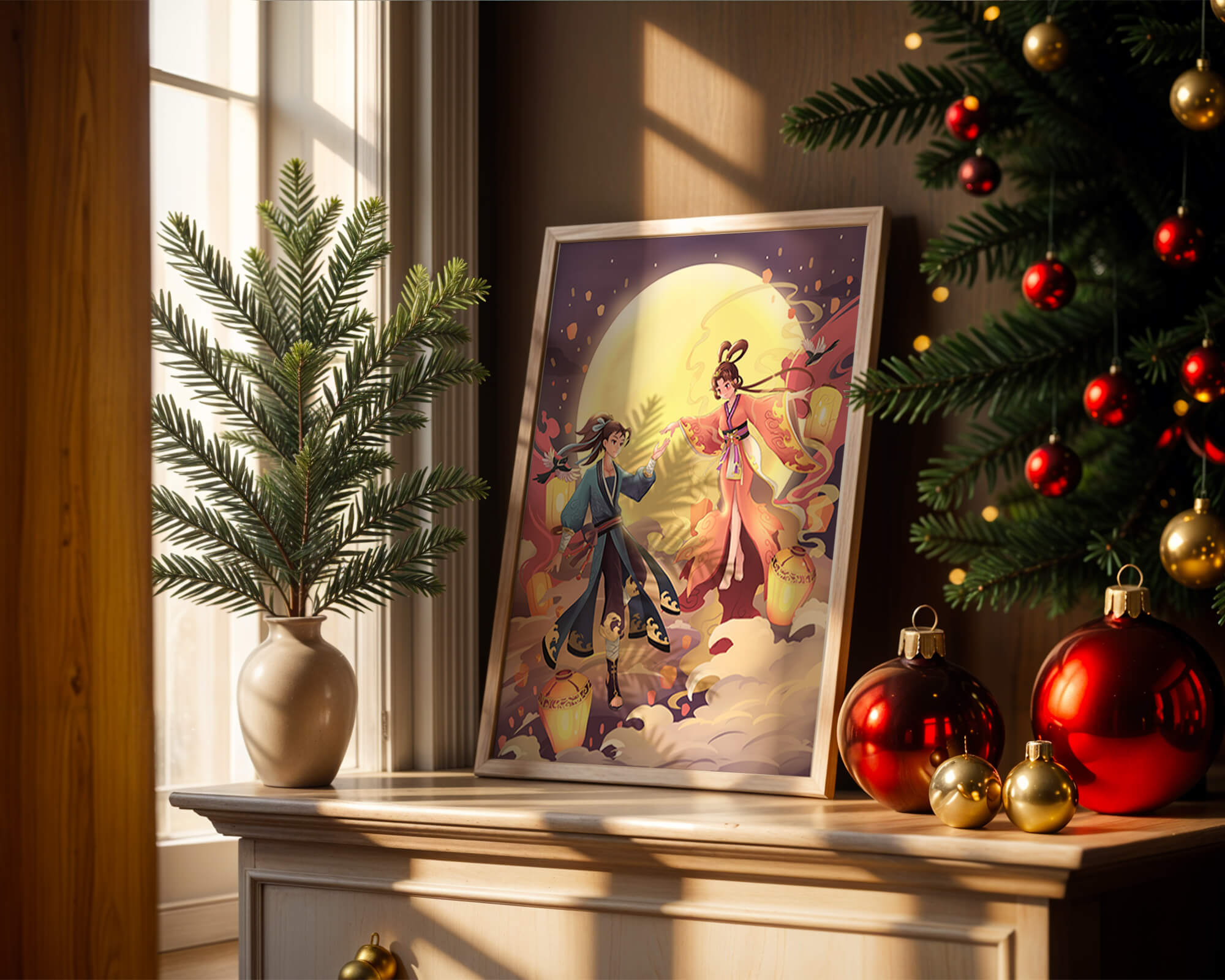 Elegant moonlit fantasy scene with traditional attire