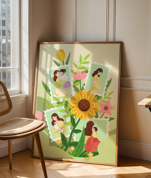 Ilustración de momentos familiares con fondo floral vibrante