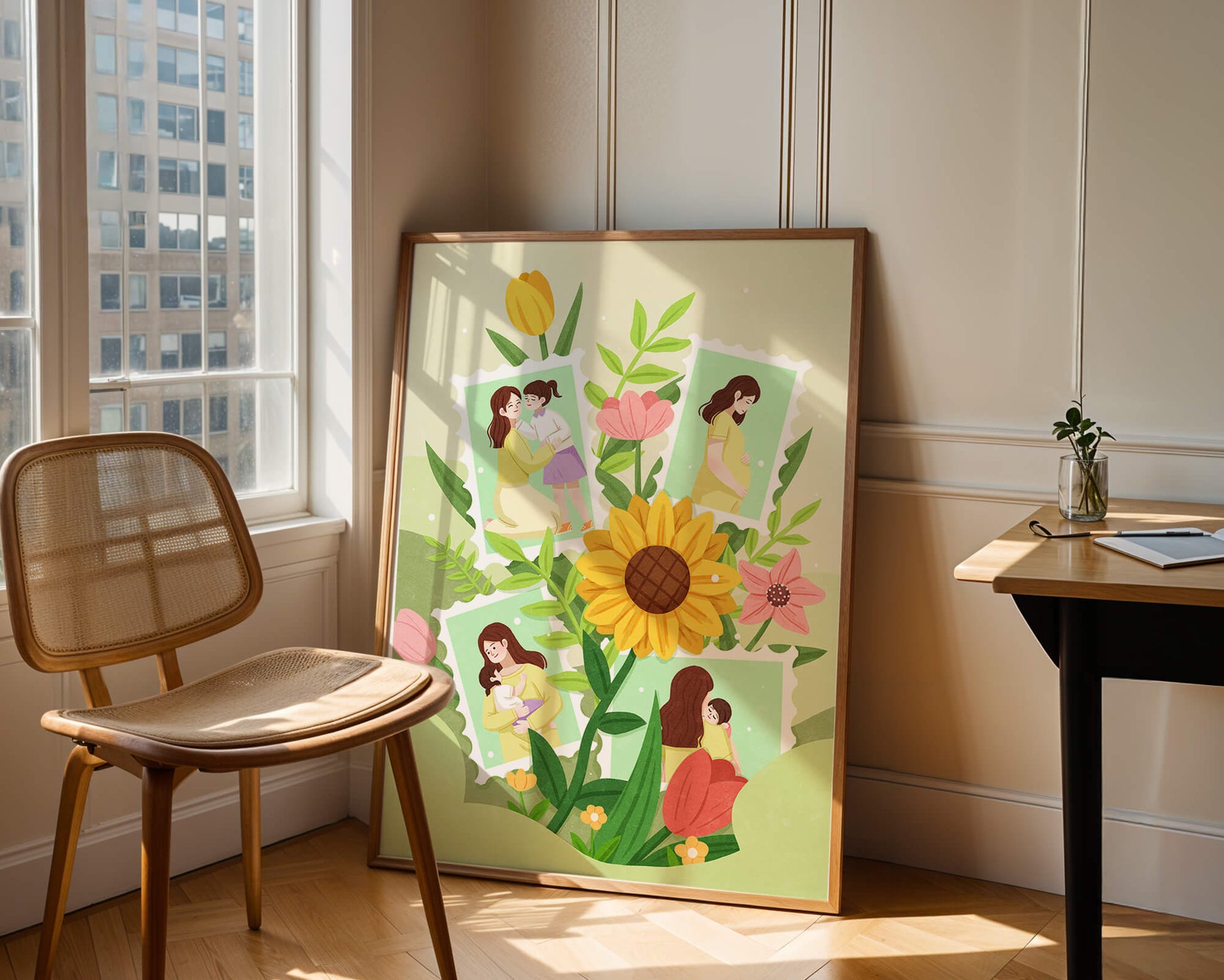 Ilustración de momentos familiares con fondo floral vibrante