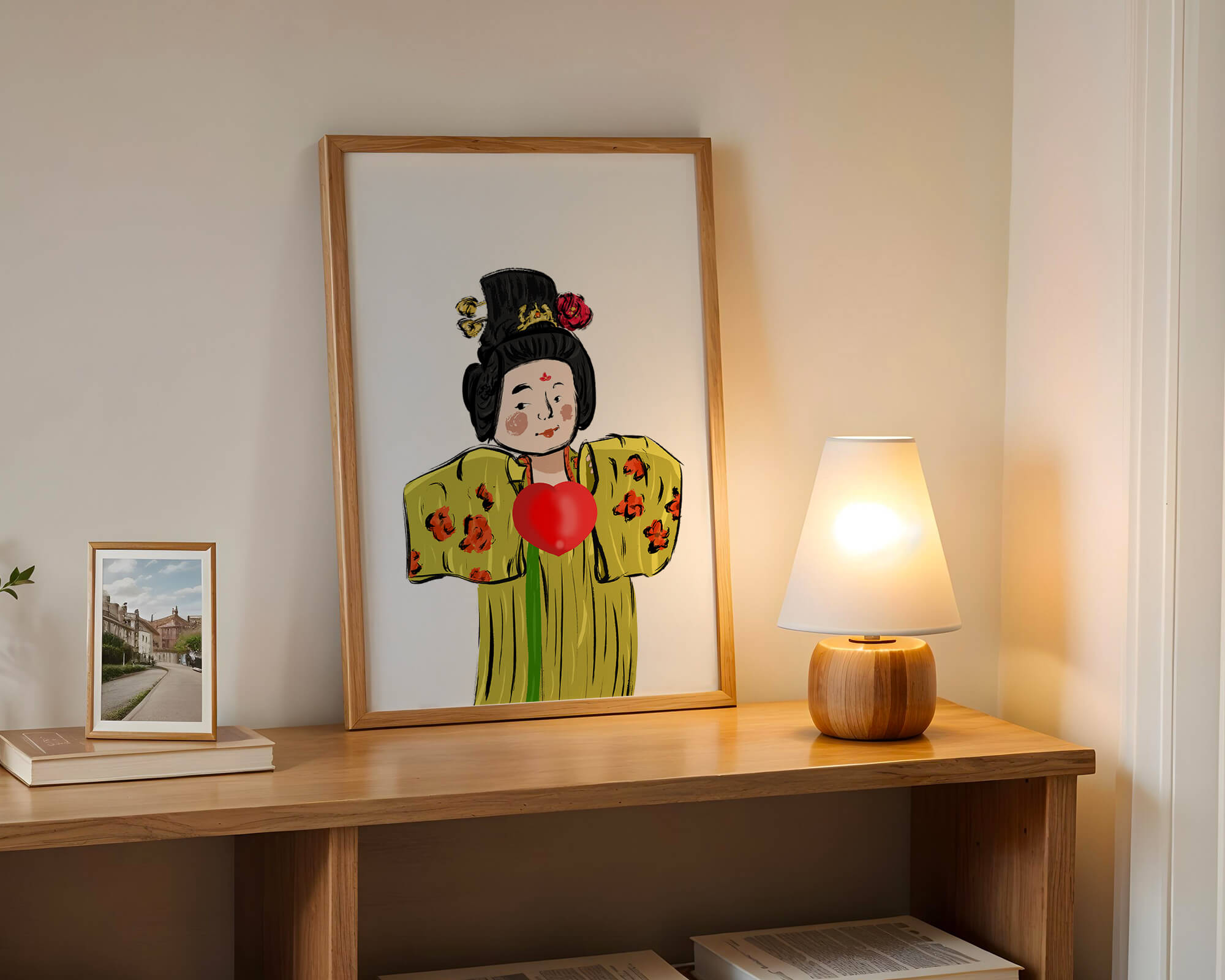 Illustration of a traditional figure in vibrant attire with a heart symbol